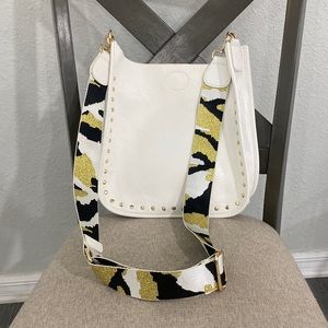 Ahdorned White Vegan Leather Gold Studded Messenger Bag with Gold Leopard Strap